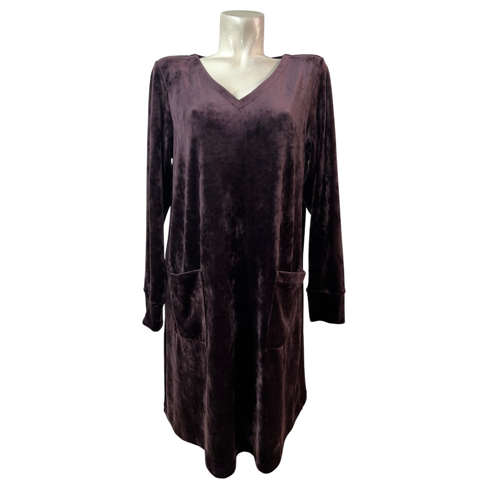 Pure Jill Dress Women's Size M Purple Velour V-Neck Long Sleeve Pocket Tunic